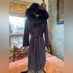 Women's Unbranded Vintage Blue Suede Coat with Fur Hood